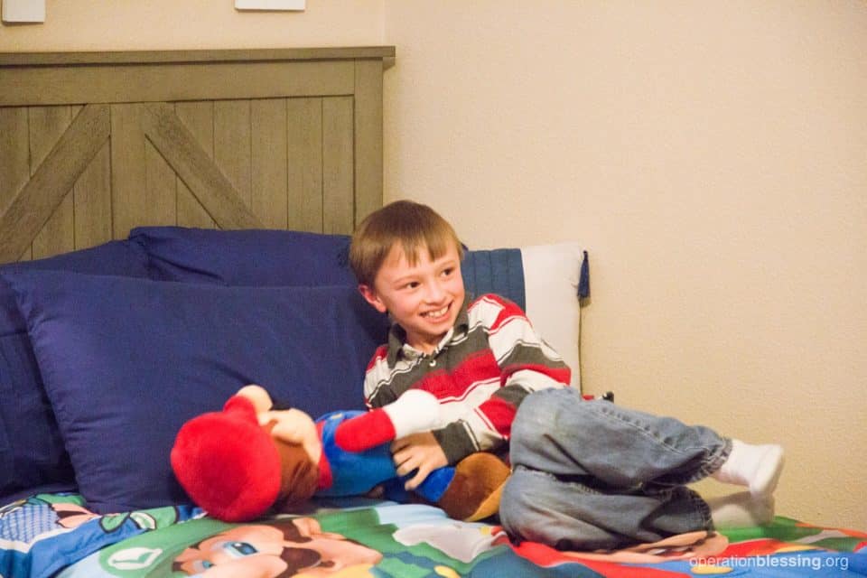 Gabe in his very own new bed.