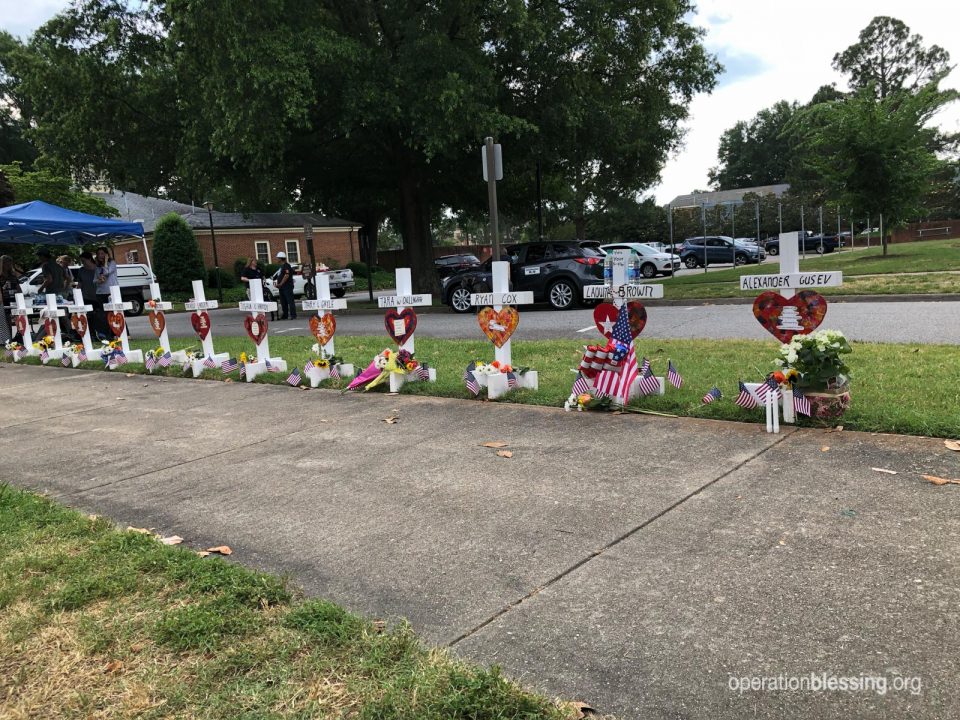 Memorial crosses at the Virginia Beach municipal center after Virginia Beach shooting.