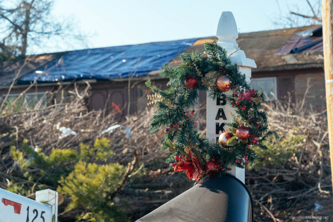 Christmas wreath amid December 2021 tornado damage