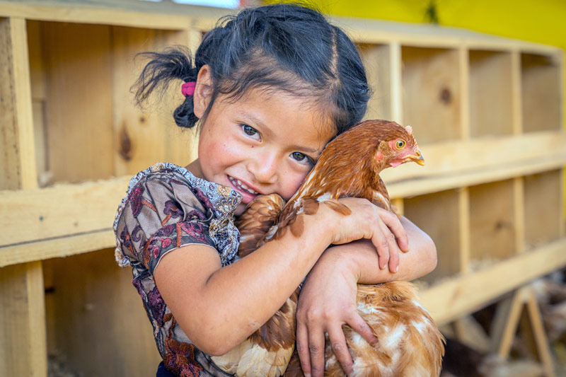Little girl hugging a chicken